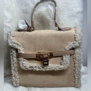 NWT Beige Sherpa Trim Structured Tote/Shoulder Bag